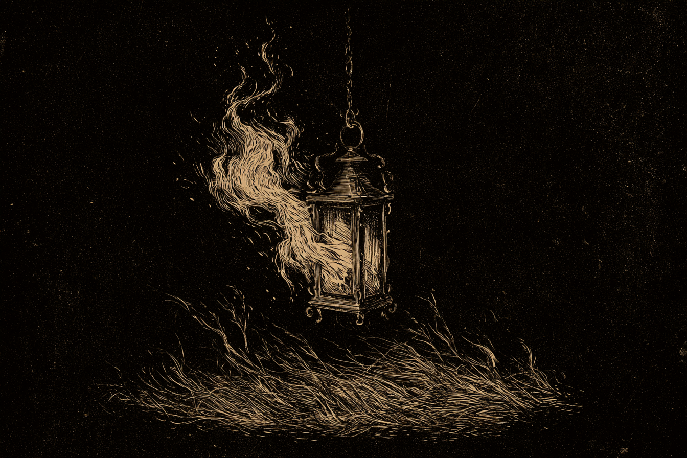 Ink illustration: a lantern glowing in tall grass