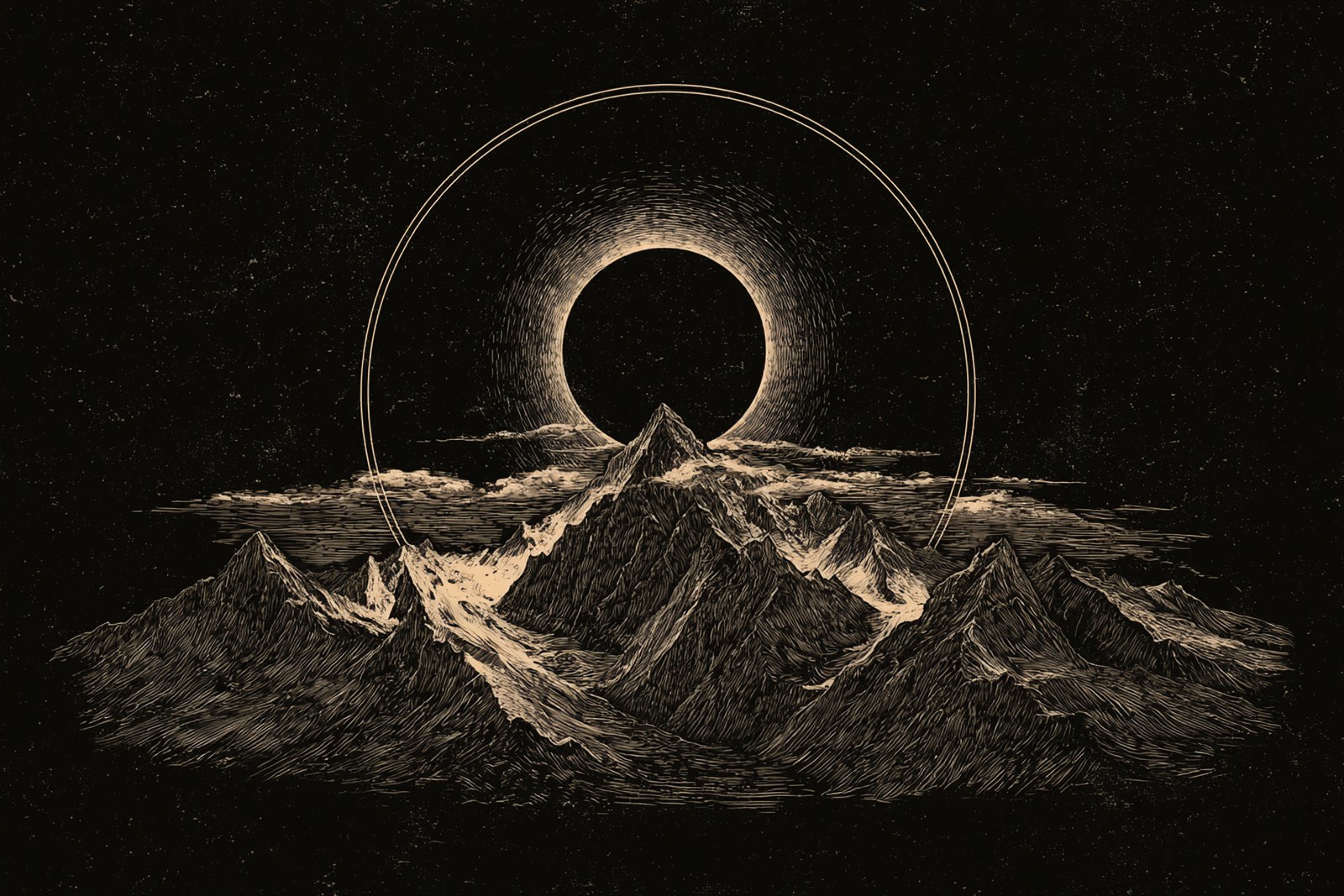 Ink illustration: a mountain range beneath a halo eclipse
